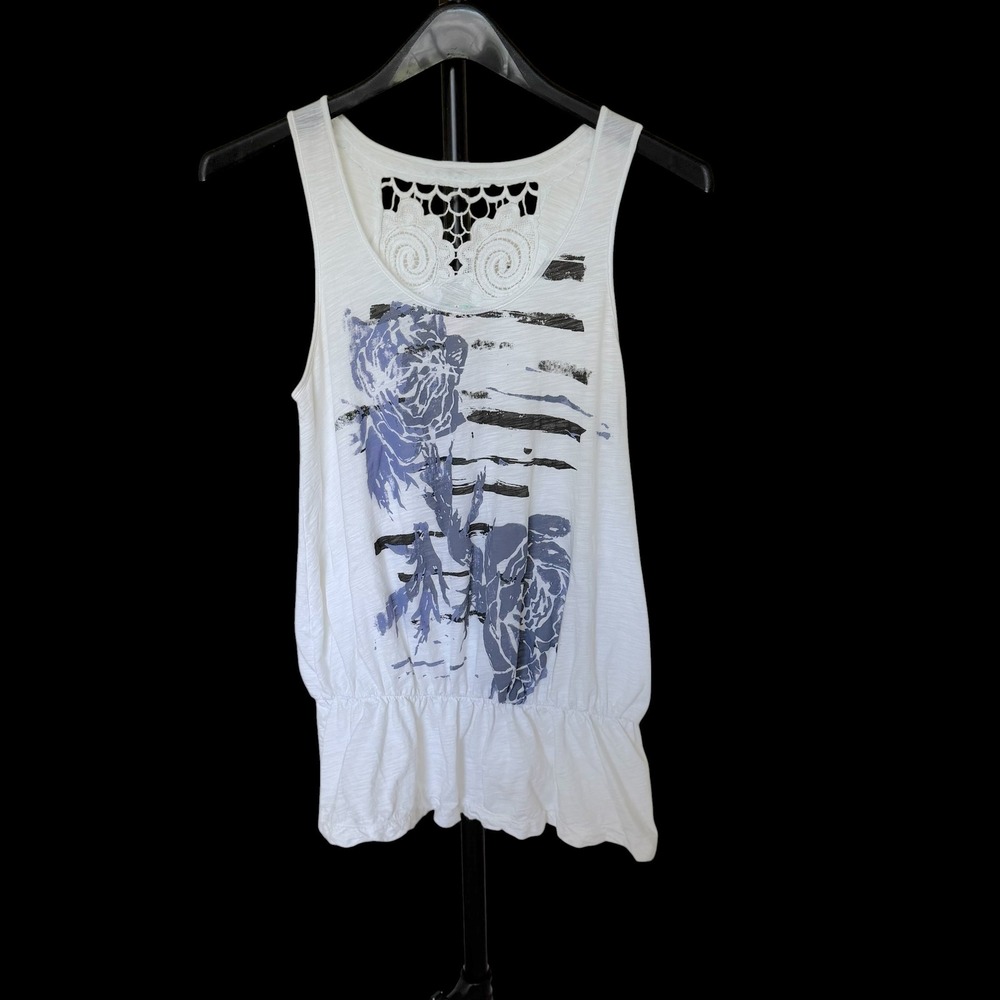 Free People White Floral Tank Top Crochet Lace Back Peplum Small S P